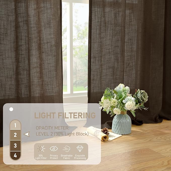 LAMIT Sheer Linen Curtains 63 Inch for Bedroom, Light Filtering Neutral Semi Sheer Farmhouse Boho Curtains Back Tab and Rod Pocket Living Room Panels, Dark Brown, 2 Panels, 52 x 63 Inch