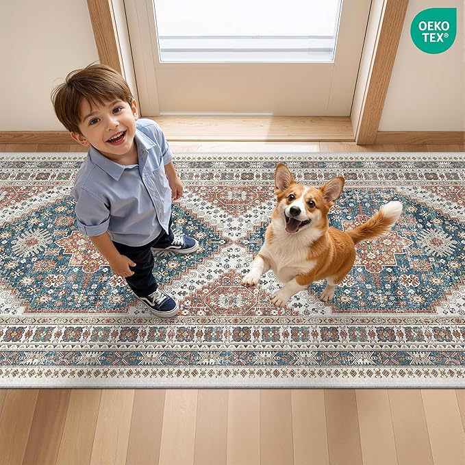 Runner Rug 2x6, Ultra-Thin Entryway Rug Non Slip Washable Rugs for Laundry Room, Runners for Hallways, Vintage Soft Rugs for Living Room, Kitchen, Bedroom(Blue/Red,2'x6')