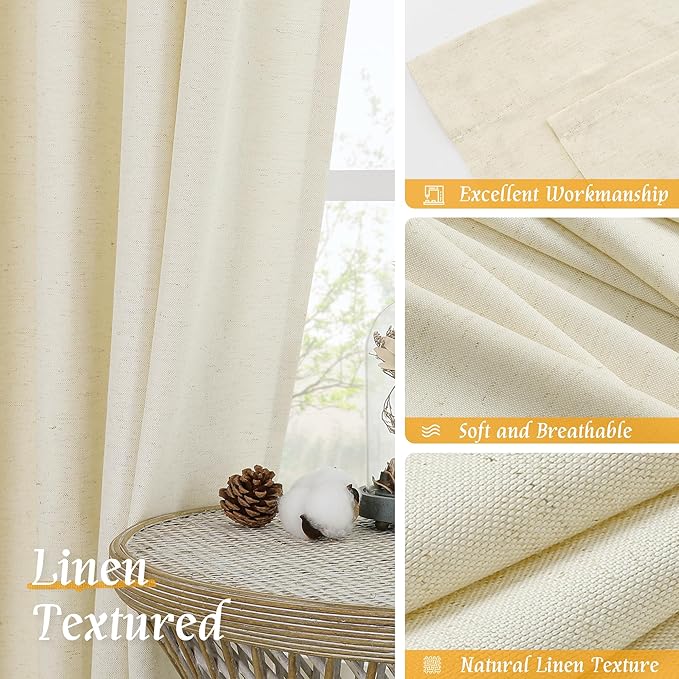 LAMIT Linen Curtains 72 inches Long for Living Room, Soft Thick Linen Privacy Light Filtering Rod Pocket Window Treatments Neutral Drapes for Bedroom, 2 Panels Set, 52 x 72 Inch, Light Beige