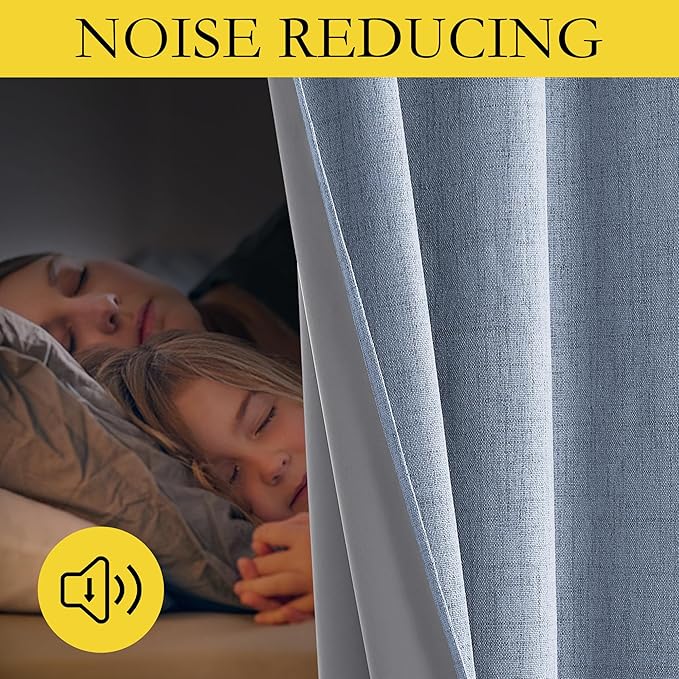 NICETOWN Stone Blue Vintage Linen 100% Blackout Curtains for Living Room, Thermal Insulated Curtains 95" Long, Noise Reducing Window Treatment Drapes for Bedroom, 52" Wide Per Panel, Set of 2