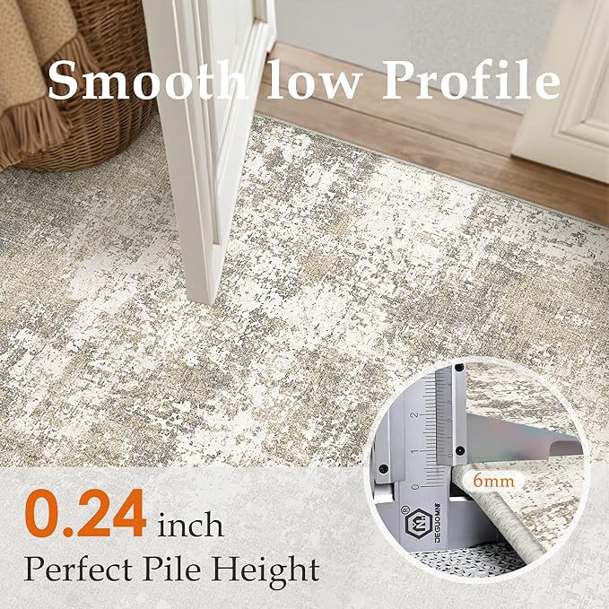 PureCozy Beige Area Rug 5x7 Machine Washable Modern Abstract Living Room Carpet Non Slip Neutral Low Pile Soft Non Shedding Bedroom Contemporary Indoor Rug for Kitchen Office Laundry Dining Room