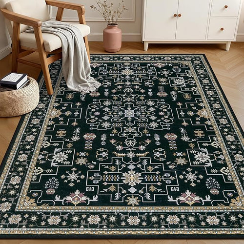 4x6 Area Rugs for Living Room: Washable Rug Soft Vintage Boho Medallion Carpet Indoor Floor Non-Slip Stain Resistant Large Carpets for Bedroom Dining Room Farmhouse Nursery Home Office Black