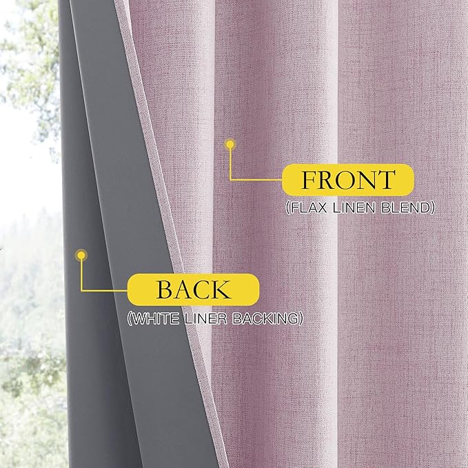 NICETOWN Pink Vintage Linen 100% Blackout Curtains for Dining Room, Thermal Insulated Curtains 45" Long, Noise Reducing Window Treatment Drapes for Kitchen, 42" Wide Per Panel, Set of 2
