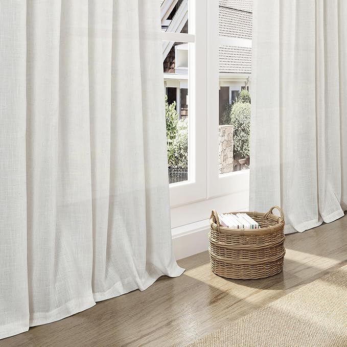 Nanspring Natural Linen Curtains 90 Inches Long for Living Room Country Semi Sheer Light Filtering Curtains Farmhouse Decor Boho Curtain for Bedroom Back Tab and Rod Pocket 52x90, 2 Panels