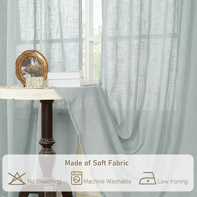 LAMIT Greyish Blue Linen Curtains 63 Inches Long, Semi Sheer Light Filtering Panels Back Tab and Rod Pocket Small Cafe Drapes for Basement/Window/Loft Room, 2 Panels, 34 x 63 Inch