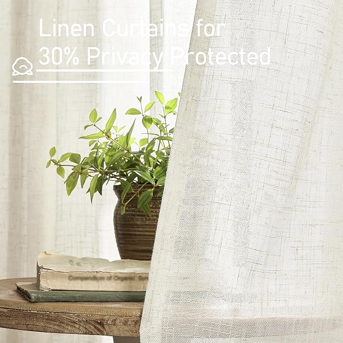 LAMIT Semi Sheer Linen Window Curtains 63 Inch Length, Light Filtering Neutral Curtain Panels Farmhouse Back Tab and Rod Pocket Drapes for Bedroom, Cream Ivory, 2 Panels, 52 x 63 Inch