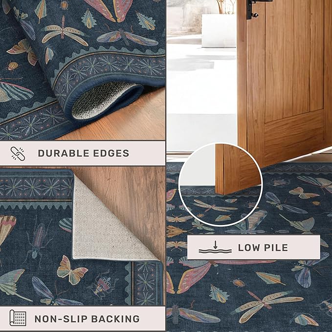 Blue Rugs for Bedroom - 4x6 Washable Area Rug for Large Entryway, Living Room, Kitchen Floor, Dark Whimsical Home Décor, Vintage Low Pile & Soft Non Slip Carpet
