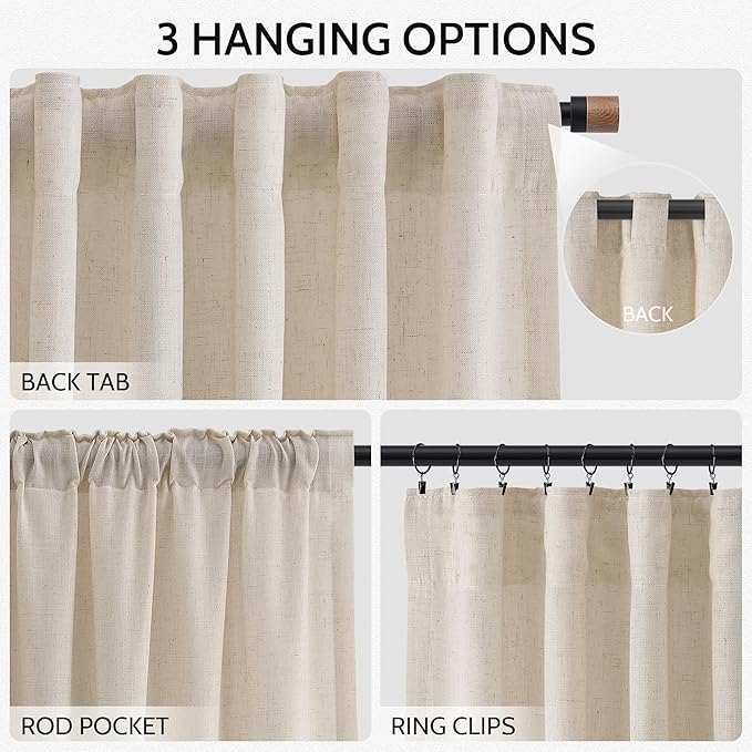 Cream Beige Linen Curtains 132 Inch Length for Living Room Light Filtering Semi Sheer Curtain Back Tab Modern Farmhouse Decor Elegant Drapes Floor to Ceiling High Window for Bedroom 52x132, 2 Panels