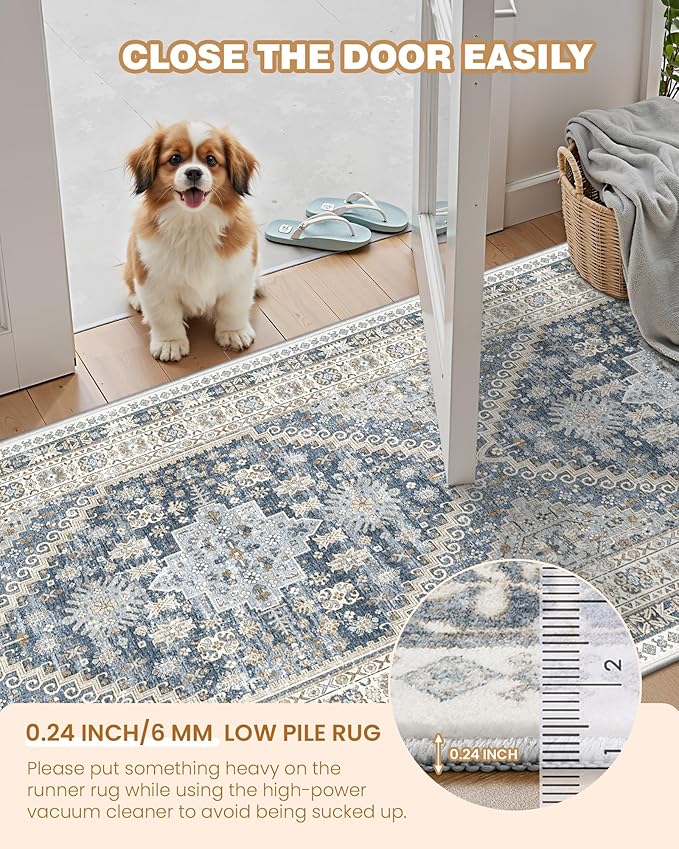 Runner Rug 2x8 Runners for Hallways Non Slip Washable, Vintage Hallway Runner Rugs for Living Room, Low Pile Soft Hallway Rug for Kitchen Bedroom Laundry Room(Blue/Beige,2'x8')