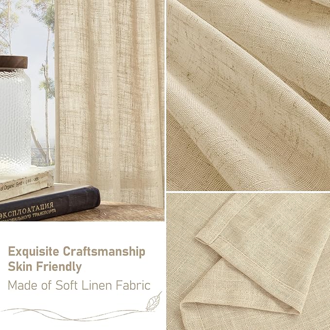 LAMIT Sheer Linen Curtains 63 Inches Long, Semi Sheer Light Filtering Panels Back Tab and Rod Pocket Small Cafe Drapes for Basement/Window/Loft Room, Linen, 2 Panels, 34 x 63 Inch