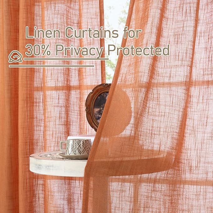 LAMIT Semi Sheer Linen Curtains 45 Inches Long, Light Filtering Panels Back Tab and Rod Pocket Country Decor Drapes for Farmhouse/Window/Bedroom, Burnt Orange, 2 Panels, 52 x 45 Inch