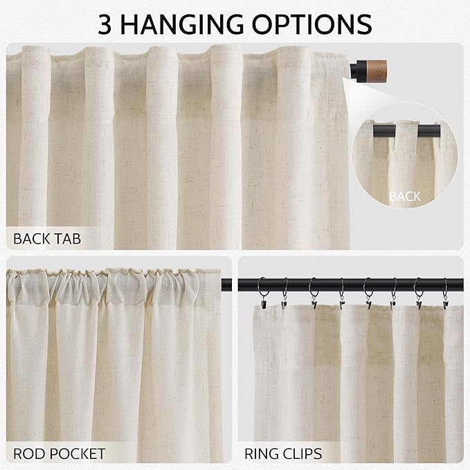 Nanspring Modern Farmhouse Decor Curtains 96 Inches Long for Living Room Linen Birch Beige Luxury Light Filtering Semi Sheer Curtain Back Tab Coastal Drapes for Bedroom Office 52x96, 2 Panels
