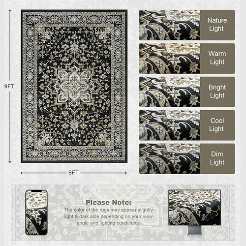 6x9 Area Rugs Living Room Rug: Washable Vintage Boho Medallion Rug No Slip Stain Resistant Soft Carpet Indoor Large Carpets for Bedroom Dining Room Farmhouse Nursery Hallway Home Office Black Gold