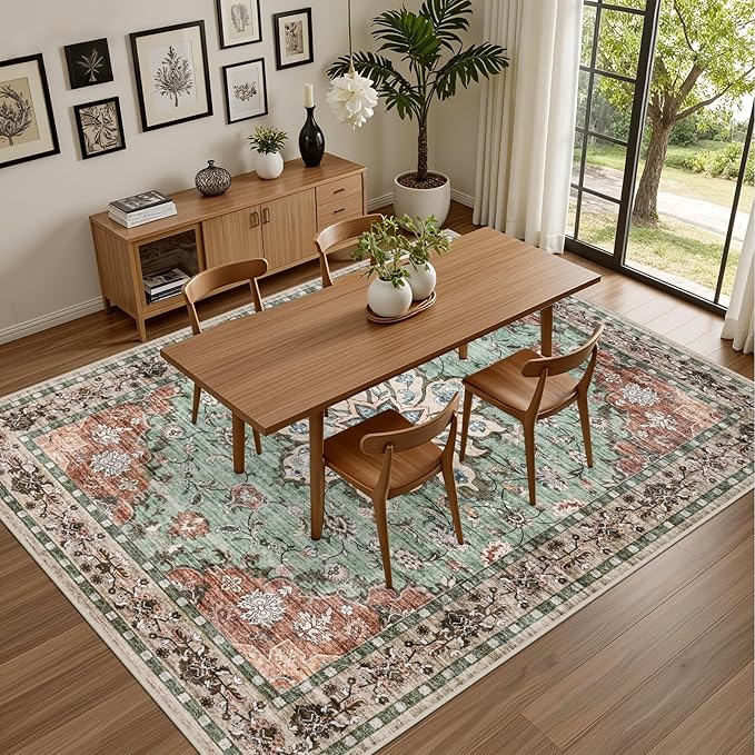 4x6 Area Rugs for Living Room: Washable Rug Soft Vintage Distressed Floral Carpet Indoor Floor Non-Slip Stain Resistant Large Carpets for Bedroom Dining Room Farmhouse Nursery Home Office Brown Green