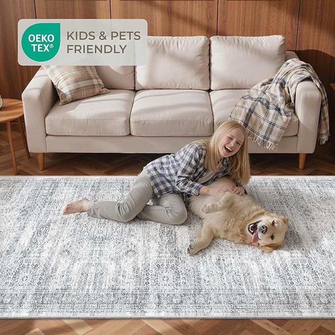 Washable Runner Rug 2.5x14, Non-Slip Long Hallway Runner for Entryway, Soft Vintage Kitchen Mats for Floor, Abstract Dining Room, Bedroom, Living Room Rugs(2.5'x14', Grey/Ivory)