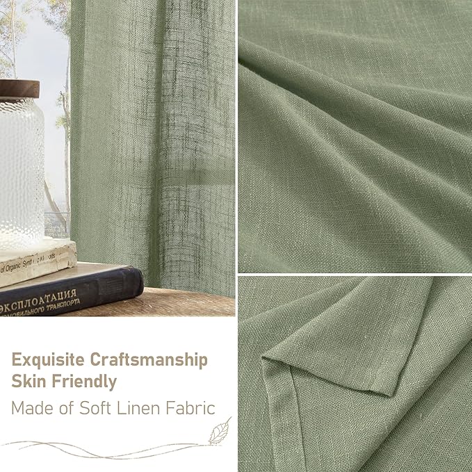 LAMIT Sage Green Semi Sheer Window Linen Curtains, 54 Inch Length Light Filtering Panels Back Tab and Rod Pocket Neutral Drapes for Bedroom/Living Room, 2 Panels, 34 x 54 Inch