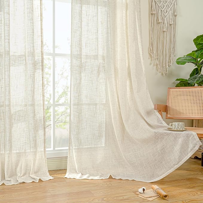 LAMIT Light Filtering Linen Curtains 72 inches Long for Bedroom, Linen Textured Semi Sheer Back Tab and Rod Pocket Natural Boho Drapes for Living Room, Natural, 2 Panels, 34 x 72 Inch