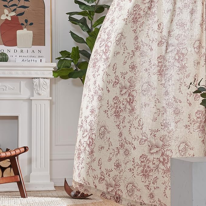 jinchan Linen Blend Curtain Floral Curtains for Living Room 108 Inch Length Farmhouse Brick Red Printed Curtain Rod Pocket Back Tab Peony Flower Patterned Drapes Curtains Set 2 Panels