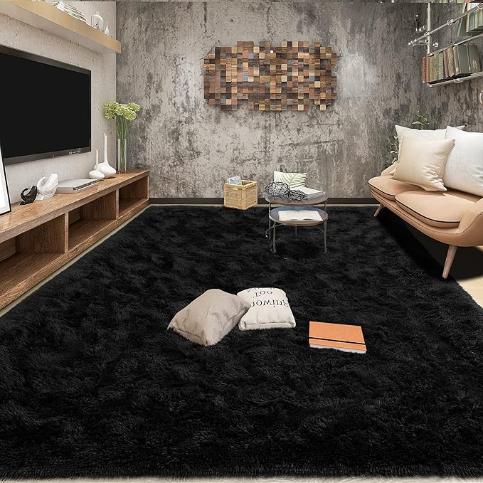 Tepook Super Soft Fluffy Rug for Bedroom, Modern Shaggy Fuzzy Kids Rugs for Living Room, Plush Indoor Nursery Home Decor Dorm Carpet with Non-Slip Bottom, Black, 3 X 5 Feet