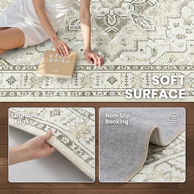 zesthome Washable Rug 6x9 Area Rugs,Stain Resistant Rugs for Living Room,Bedroom,Non-Slip Backing Home Decor Rug, Vintage Medallion Pattern Rugs (Beige,6'x9')