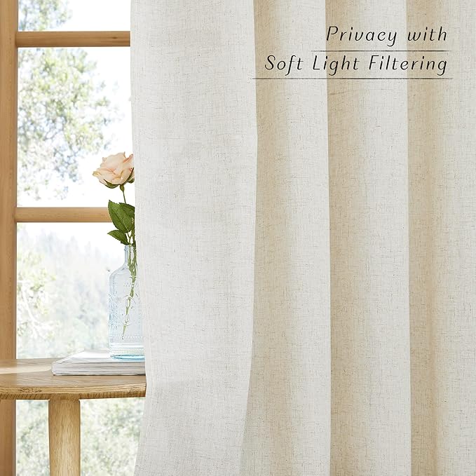 NICETOWN Textured Linen Sheer 108 inch Curtains for Living Room, Grommet Privacy Translucent with Light Filter Thick Flax Sheer Drapes for Bedroom, Natural, W55 x L108, 2 Panels