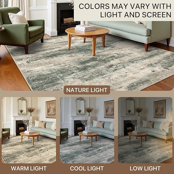 Runner Rug for Hallway Kitchen, 2x10 Machine Washable Runners Rug for Entryway, Soft Modern Abstract Throw Rugs, Low Pile Floor Cover with Non Slip Backing, Grey/Dark Green