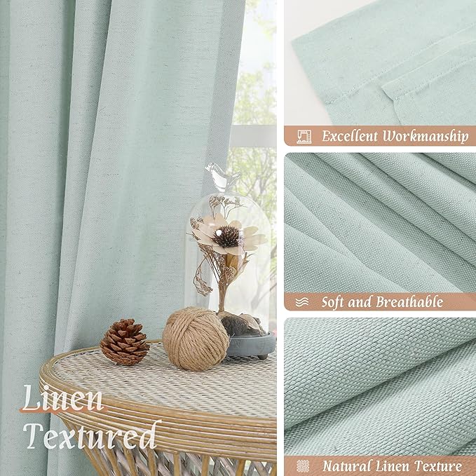 LAMIT 54 Inch Short Window Linen Curtains, Soft Faux Linen Light Filtering Panels Rod Pocket Neutral Drapes for Bedroom/Loft Room, Light Blue, 2 Panels, 42 x 54 Inch