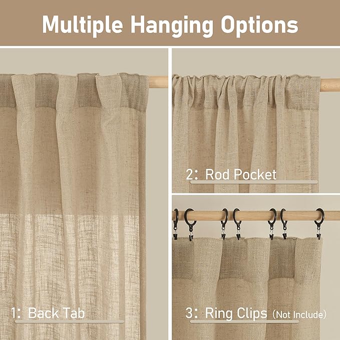 LAMIT Faux Linen Curtains 63 inches Long for Bedroom, Back Tab and Rod Pocket Linen Drapes Light Filtering Semi Sheer Curtains for Small Window/Farmhouse, 2 Panels (52 x 63 Inch, Brown)