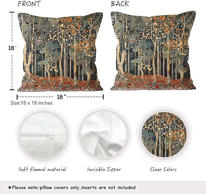 Rustic Autumn Forest Pillow Covers 18x18 Set of 2, Fall Home Room Decor, Vintage Botanical Nature William Morris Inspired Decorative Throw Pillow Covers for Home Bedroom Living Room