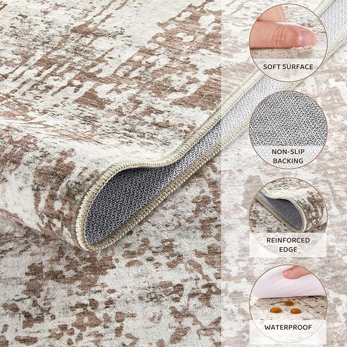 UERMEI Area Rug Living Room Rugs - Washable Neutral Modern Abstract Soft Thin Rug Indoor Floor No Slip Rug Carpet for Bedroom Under Dining Table Home Office Decor - Brown/Grey/Red - 8x10