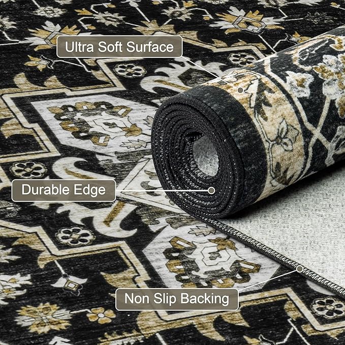 6x9 Area Rugs Living Room Rug: Washable Vintage Boho Medallion Rug No Slip Stain Resistant Soft Carpet Indoor Large Carpets for Bedroom Dining Room Farmhouse Nursery Hallway Home Office Black Gold