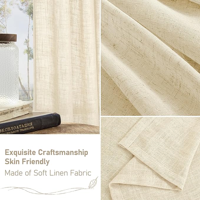 LAMIT Beige Linen Curtains for Doorway Living Room 2 Panels Set, 80 Inch Faux Linen Textured Light Filtering Drapes Back Tab and Rod Pocket Boho Panels for Bedroom/Porch, 52 x 80 Inch