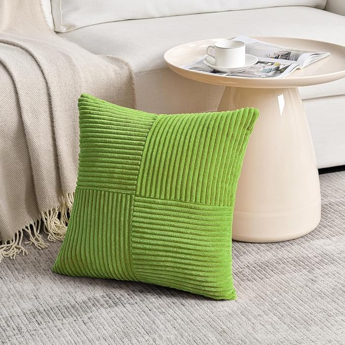 Fancy Homi Set of 2 Lime Green Euro Decorative Throw Pillow Covers 26x26 Inch for Bedroom Couch Bed, Farmhouse Boho Home Decor, Soft Cross Corduroy Patchwork Textured Square Cushion Case 66x66 cm