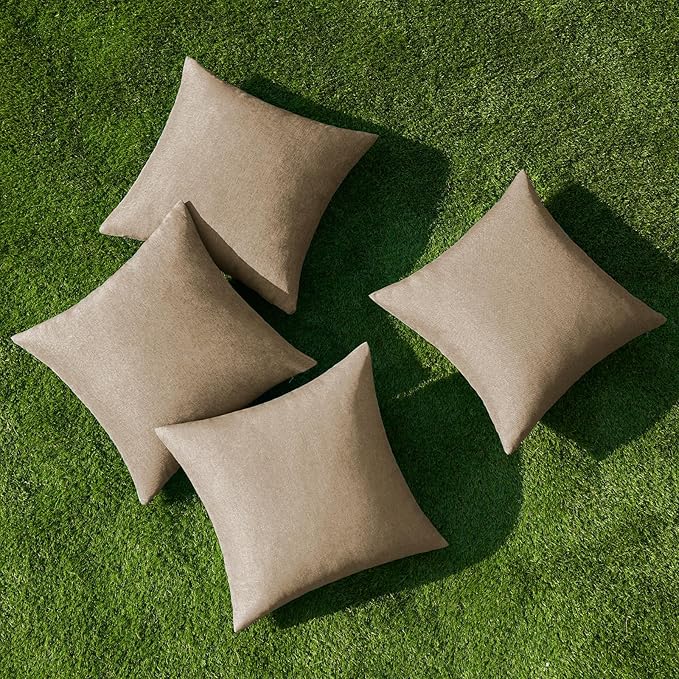 MIULEE Pack of 4 Decorative Outdoor Throw Pillow Covers Linen Waterproof Pillow Covers Farmhouse Cushion Cases for Patio Garden Tent Balcony Couch Sofa 16x16 inch Khaki