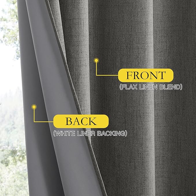 NICETOWN Grizzle Gray Vintage Linen 100% Blackout Curtains for Living Room, Thermal Insulated Curtains 108" Long, Noise Reducing Window Treatment Drapes for Hall Room, 52" Wide Per Panel, Set of 2