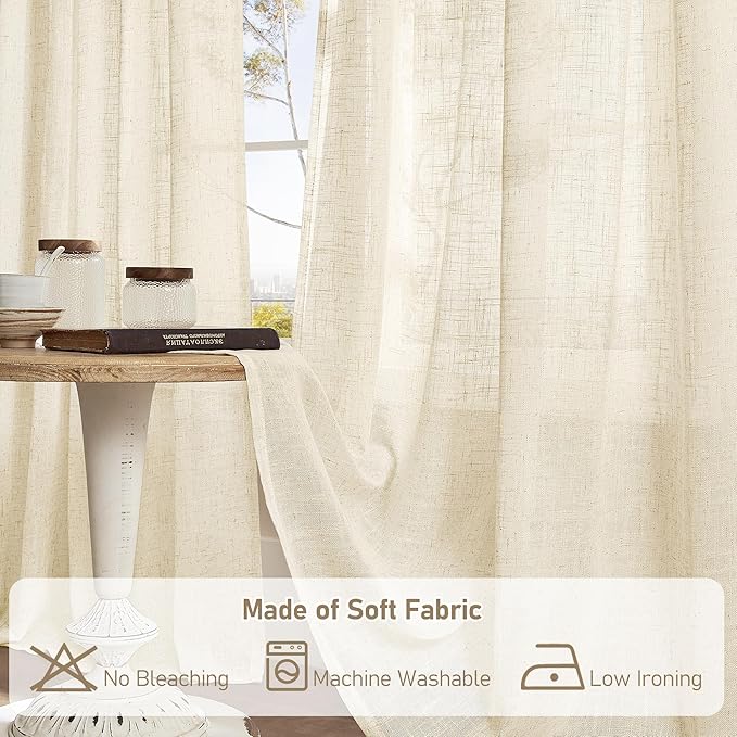 LAMIT Beige Linen Curtains for Living Room 84 inch Length, Light Filtering Semi Sheer Panels Back Tab and Rod Pocket Neutral Drapes for Bedroom, 2 Panels, 34 x 84 Inch