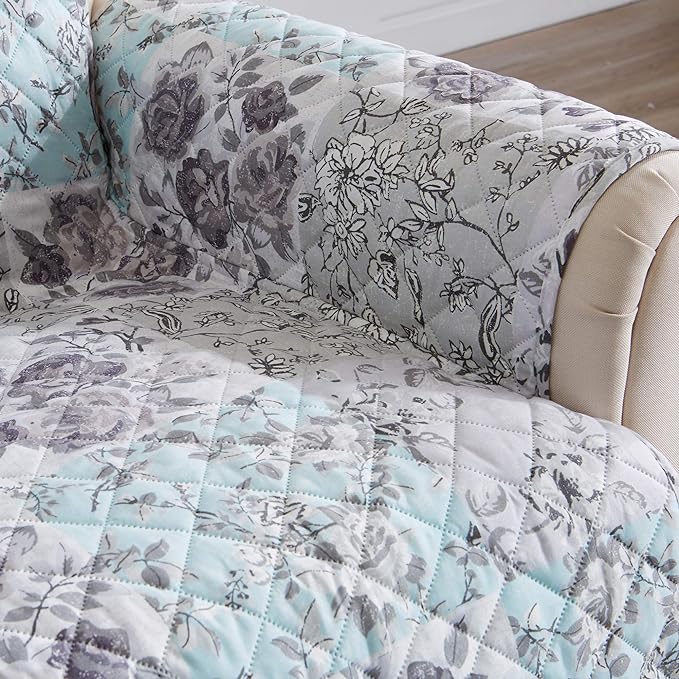 Great Bay Home Reversible Floral Patchwork Recliner Furniture Protector - Machine Washable, Scalloped Edge, Stain Resistant, Printed Furniture Cover for Dogs, Kids, and Pets (Gray/Aqua)