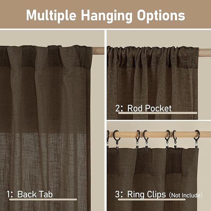 LAMIT 36 Inch Length Linen Curtains for Small Windows, Semi Sheer Light Filtering Panels Back Tab and Rod Pocket Neutral Drapes for Basement/Window/Loft Room, Dark Brown, 2 Panels, 34 x 36 Inch