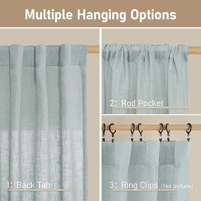 LAMIT Greyish Blue Linen Curtains 45 Inches Long for Bedroom, Light Filtering Panels Back Tab and Rod Pocket Neutral Drapes for Kitchen/Window/Loft Room, 52 x 45 Inch, 2 Panels