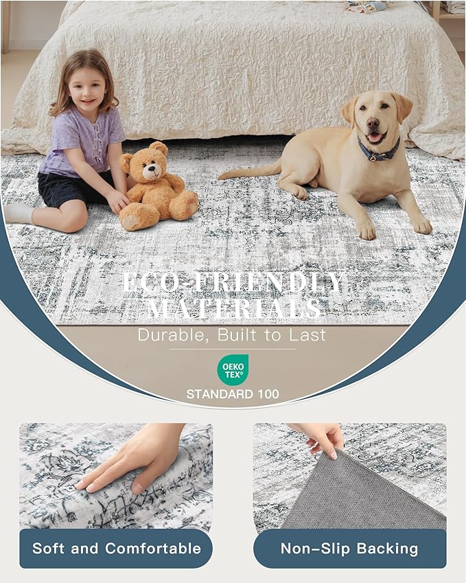 Madane 8x10 Area Rugs for Living Room, Machine Washable Vintage Rug with Non-Slip Backing, Soft Throw Large Rug, Thin Carpet for Bedroom Dining Room Farmhouse Under Table, Blue/Grey