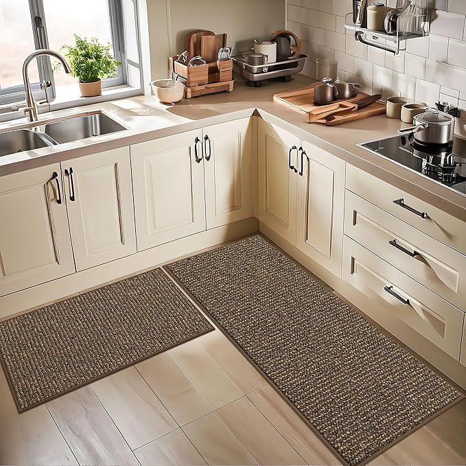 BEQHAUSE Kitchen Rugs and Mats 2PCS, Non-Slip Kitchen Mats for Floor, Absorbent and Stain Resistant Kitchen Runner, Machine Washable Rugs for Kitchen, Laundry & Sink, 24"x36"+24"x60", Brown