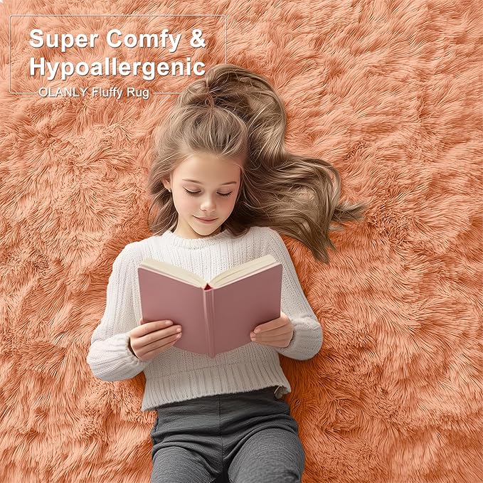 OLANLY 5x8 Machine Washable Large Area Rugs for Living Room, Bedroom, Soft Fluffy Shaggy Bedside Rug, Indoor Floor Carpet for Kids Girls and Boys, Dorms, Nursery, Home Decor Aesthetic, Muted Orange