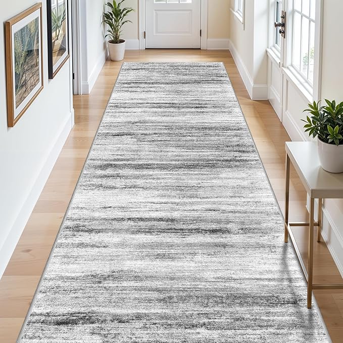 4x12 Runner Rug for Wide Hallway: Long Washable Runners for Entryway Living Room Dining Room - Stain and Water Resistant Rugs with Non-Slip Backing - Soft Low-Pile Carpet Grey