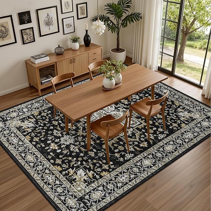 8x10 Area Rugs for Living Room: Washable Rug Soft Vintage Boho Medallion Carpet Indoor Non-Slip Stain Resistant Large Carpets for Bedroom Dining Room Farmhouse Nursery Home Office Black Gold