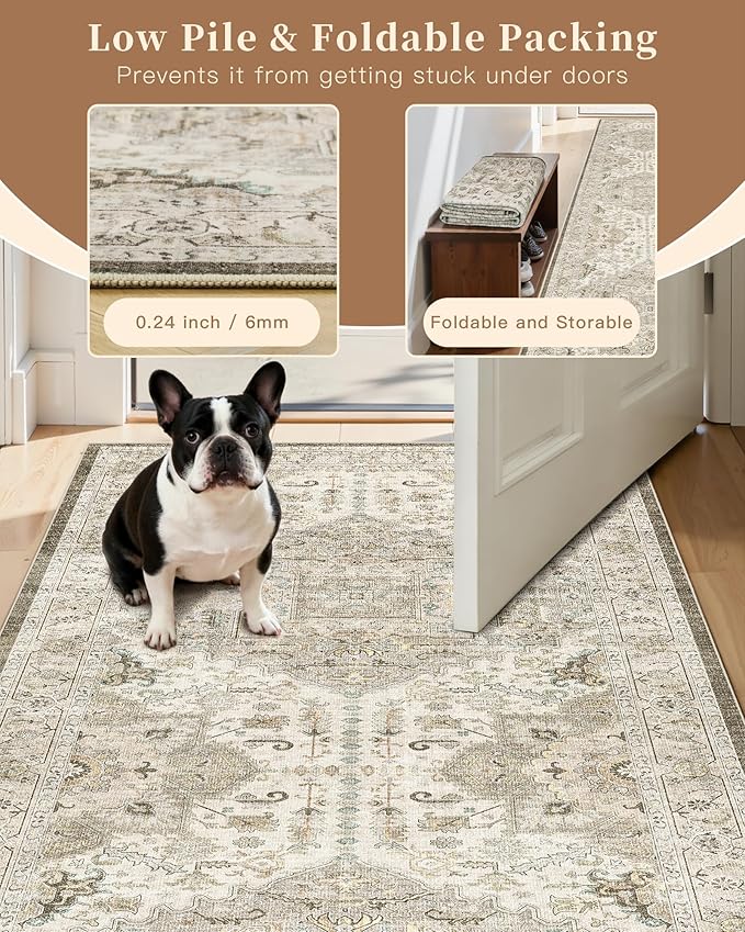 Madane Hallway Runner Rug - 2x5 Rug Runner Washable Runner Rugs Non-Slip Low-Pile Kitchen Runner Rug Laundry Room Rug Throw Carpet for Entrance Bedroom Living Room (2'x5', Ivory/Brown)