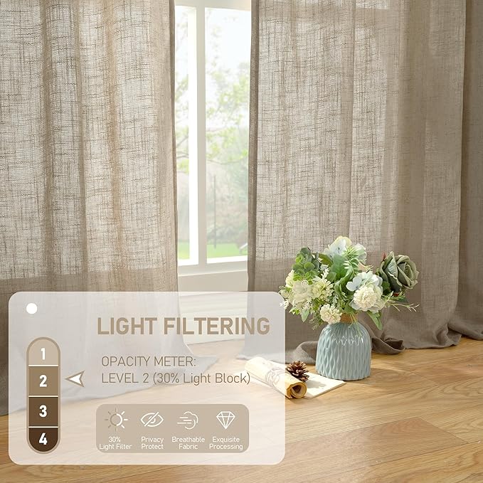 LAMIT Sheer Linen Curtains 63 Inch for Bedroom, Light Filtering Country Decor Semi Sheer Farmhouse Boho Curtains Back Tab and Rod Pocket Living Room Panels, Taupe, 2 Panels, 52 x 63 Inch