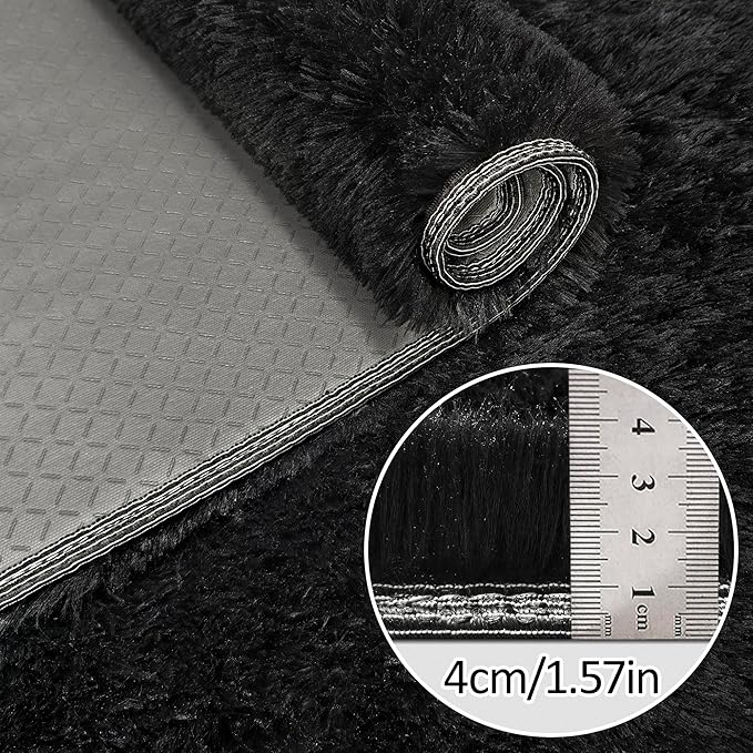 2x5 Bedside Area Rugs for Bedroom Soft Fluffy Shag Black Rug for Hallway Non-Slip Fuzzy Plush Living Room Rug Indoor Floor Carpet for Kids Rooms Dorm Nursery Modern Home Aesthetic Decor