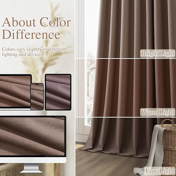 Guken 100% Blackout Curtains 102 Inch Length 2 Panels Set for Living Room Bedroom Back Tab Thermal Insulated Black Out Linen Drapes Room Darkening Mocha Mousse,52x102