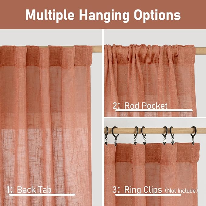 LAMIT Terracotta Linen Semi Sheer Curtains 63 Inch for Bedroom, Light Filtering Neutral Window Curtains Farmhouse Boho Back Tab and Rod Pocket Panels, 2 Panels, 38 x 63 Inch