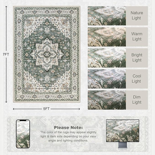 5x7 Area Rugs Living Room Rug: Washable Vintage Boho Medallion Rug No Slip Stain Resistant Soft Carpet Indoor Large Carpets for Bedroom Dining Room Farmhouse Nursery Hallway Home Office Green Ivory